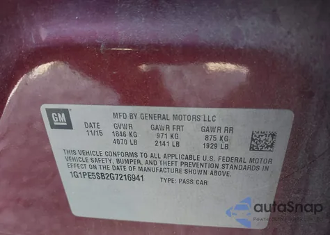 2016 Chevrolet Cruze Limited 1Lt Auto из США, поврежденный, VIN 1G1PE5SB2G7216941